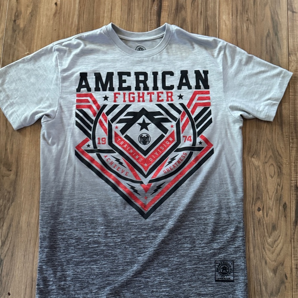 American Fighter Gray Ombre Tee with Red & Black Graphic